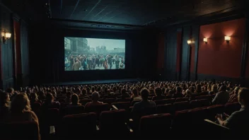 En kino med en stor skjerm og et publikum som ser på en film.