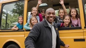 En vennlig skolebussjåfører i en gul buss, med glade barn i bakgrunnen