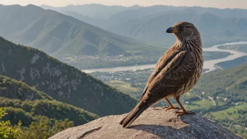 En tarv sitter på en fjellhylle med en vakker utsikt i bakgrunnen.