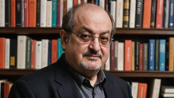 Et portrett av Salman Rushdie, en kjent forfatter, med en bakgrunn av bøker og skrivematerialer.