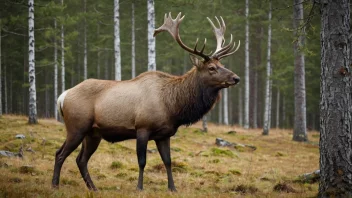 En stor elg med imponerende horn står i en skog