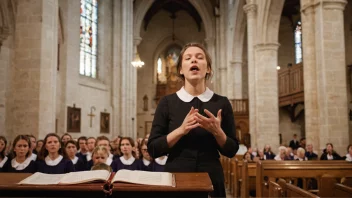 En person som synger salmer i en kirke, med et kor i bakgrunnen.