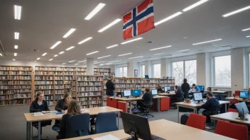 Et foto av Stortingsbiblioteket i Oslo, som viser et moderne bibliotek med ulike studiematerialer og ressurser.