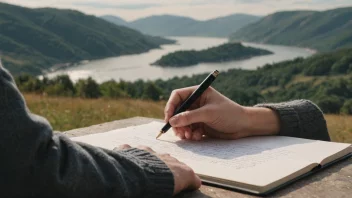 En person som skriver en beskrivende tekst med en pen og papir, med et naturskjønt landskap i bakgrunnen.