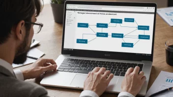 En person som arbeider på en laptop med et flytdiagram i bakgrunnen.