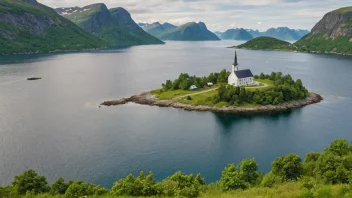 En pittoresk øy i Norge med en liten kirke eller bosetning.