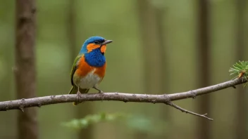 En liten fugl med fargerike fjær sitter på en gren og synger en vakker sang i skogen.