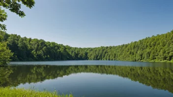 Et fredelig landskap med en stille innsjø, omgitt av frodige grønne trær og en klar blå himmel