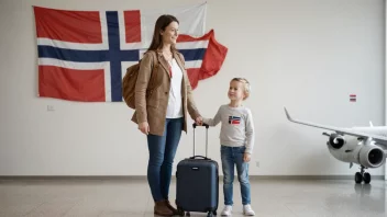 En mor med et barn, stående foran et norsk flagg, som symboliserer en ny start i et fremmed land.