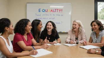 En gruppe kvinner fra ulike bakgrunner og aldre, samlet rundt et bord, diskuterer og ler sammen, med en whiteboard i bakgrunnen med ord som 'likhet' og 'feminisme' skrevet på den.