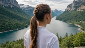 En person med langt hår stiliset i en hestehale, med en naturskjønn bakgrunn.