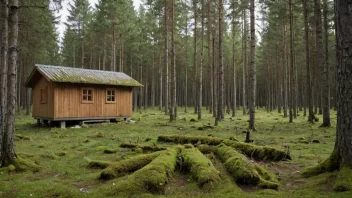 Et fredelig skoglandskap med en liten trebygning i bakgrunnen, som symboliserer Skogetatens rolle i å forvalte og bevare Norges skogressurser.