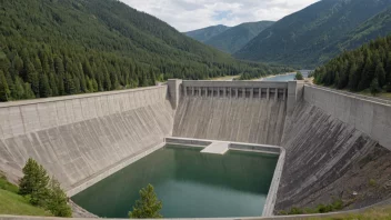 Et bilde av en stor, betongdam med et reservoar i bakgrunnen, omgitt av fjell og trær.