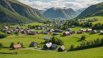 En typisk norsk stadsbygd med tradisjonelle hus og bygninger, omgitt av rullende åser og jordbruksland.