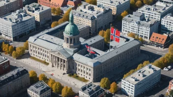 En illustrasjon av en regjeringsbygning med et stort norsk flagg på toppen, omgitt av mindre bygninger som representerer ulike offentlige sektororganisasjoner.