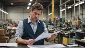 En person som gjennomfører en kvalitetskontroll i en fabrikk eller kontorsetting.