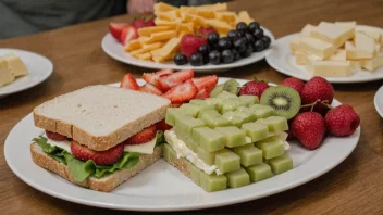 En tallerken med ferdiglagde smørbrød, frukt og ost, klar for servering.