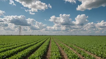 Et jordbruksfelt med et sprinkler-irrigasjonssystem, omgitt av frodige grønne avlinger og en klar blå himmel med hvite skyer