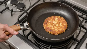 En lang, smal stekepanne i rustfritt stål med et håndtak, plassert på en komfyr.