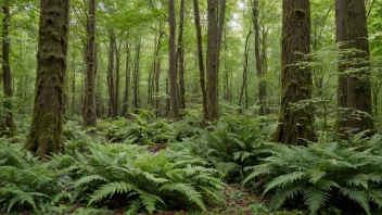 En gruppe trær som vokser sammen i en skog, med en variasjon av treslag og en frodig undervegetasjon.