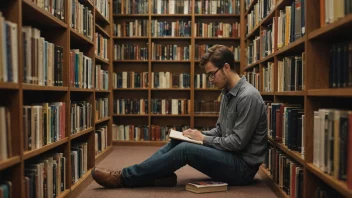 En person sitter i et bibliotek, omgitt av bøker, dypt engasjert i tanker.