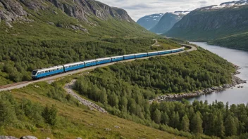 Et tog på Østfoldbanen jernbanestrekningen passerer gjennom et naturskjønt landskap i Norge