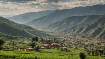 Et vakkert landskap i Rwanda med fjell og daler.