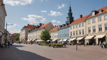 Et bybilde av Halmstad i Sverige, som viser byens unike blanding av gamle og nye bygninger.