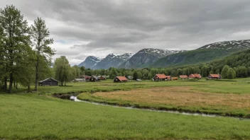 Et bilde av en tradisjonell norsk gård med en stor åker, som representerer begrepet ferding som en enhet for måling av areal.