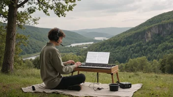 En person sitter i et fredelig landskap, omgitt av natur, og komponerer musikk med lyder fra miljøet.