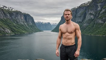 En sterk og modig norsk mann som står foran en fjord, med et selvbevisst uttrykk i ansiktet.