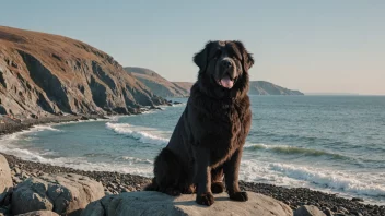 En Newfoundlandshund som står på en steinete kyst.