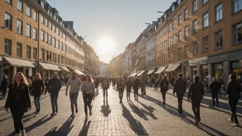 En pittoresk by med høy standard på livet, med glade mennesker og en lys sol.