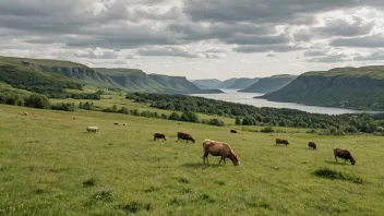 Et idyllisk landskap av en norsk rønning, med en blanding av åser, vegetasjon og beitende dyr.