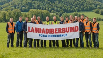 En gruppe arbeidere i en landlig setting, med et banner eller flagg med logoen til Landarbeiderforbundet, som symboliserer enhet og solidaritet.