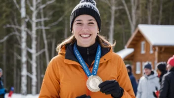 En glad vinner av en vintersportkonkurranse som holder et trofé.