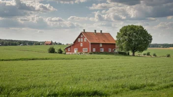 Et landlig landskap med en gård og åkrer, som illustrerer begrepet bygdebruk