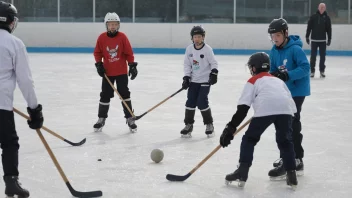 En gruppe gutter som spiller bandy på en isbane