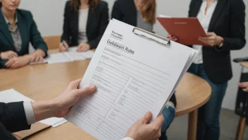 En person som holder en mappe med retningslinjer og regler, med en gruppe mennesker i bakgrunnen.