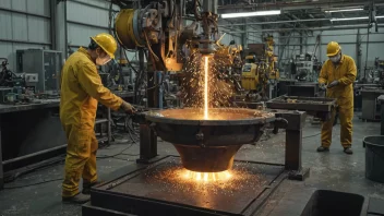 En fabrikk med utstyr for metallstøping og arbeidere som heller flytende metall i former.