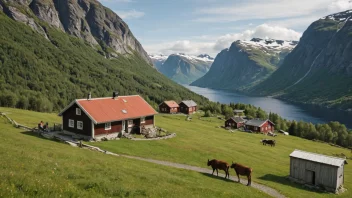 En tradisjonell norsk fjellgård med et lite hus og en familie utenfor.