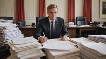 Et bilde av en norsk regjeringsbygning med en minister eller politiker i forgrunnen, omgitt av administrative materialer.