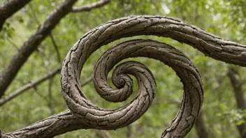 Et vridd tre med synlige tegn på spiralisering eller forvrengning, mot en naturlig bakgrunn.