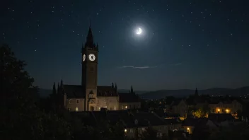 Et fredelig og stille landskap ved midnatt, med et klokketårn i bakgrunnen.