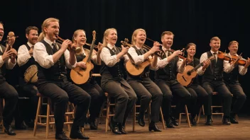 En levende scene fra en folkemusikkonkurranse, med musikere som spiller tradisjonelle instrumenter og publikum som viser sin begeistring.