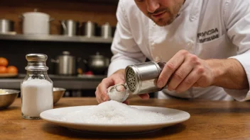 En saltbøsse med en spesiell type salt, brukt til å forbedre smaken i matlaging.