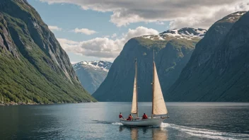 En person som seiler en båt i en norsk fjord, omgitt av majestetiske fjell og frodige grønne skoger.