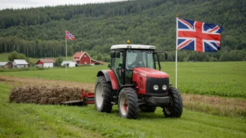 En bonde i en åker med en traktor og et norsk flagg i bakgrunnen, feirer bønnedag