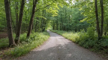 Et fredelig og rolig bilde av en grusgang i en skog.