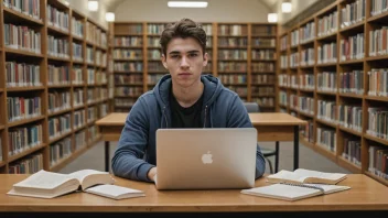 En studerende som studerer på biblioteket eller på universitetet.